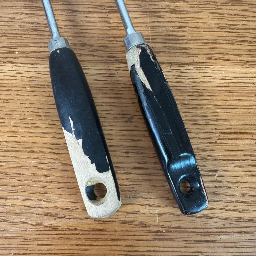 Vintage EKCO Chromium Plated Serving Spoon and Meat Fork Set‎ Black Wood Handle